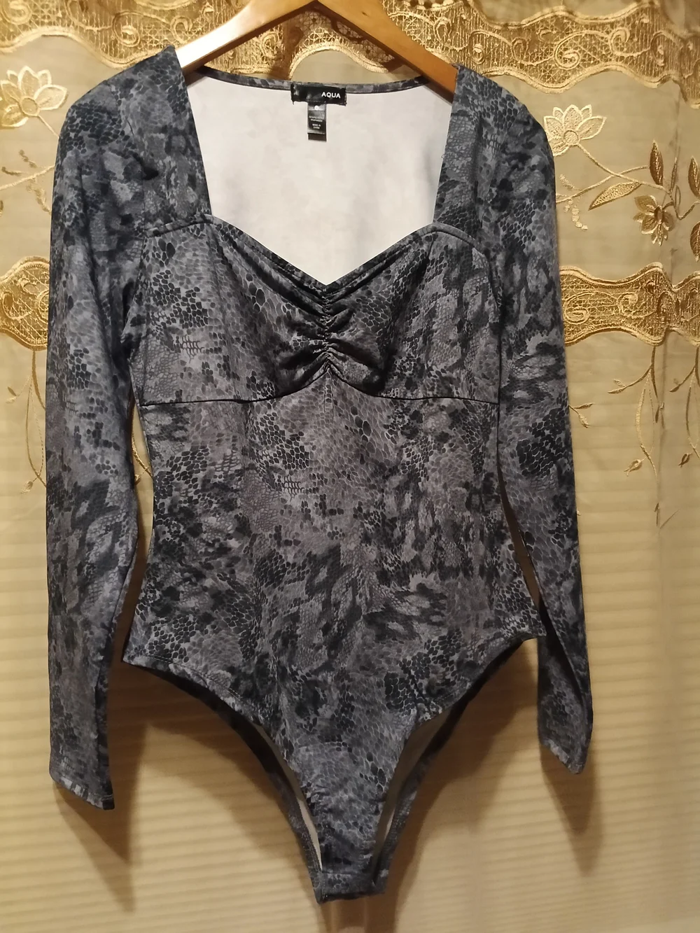 Aqua Gray Snake-Print Long Sleeve Bodysuit